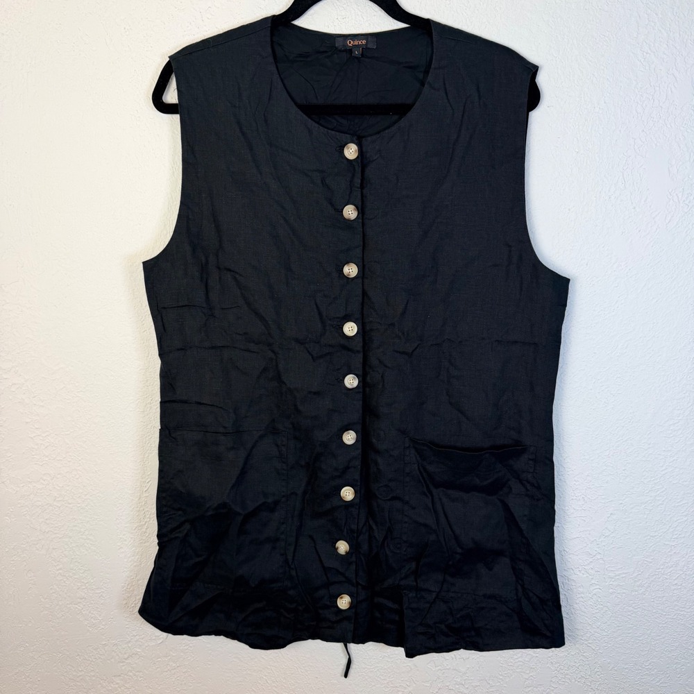 Quince Womens L Black 100% European Linen Longline Vest Button Front Minimalist